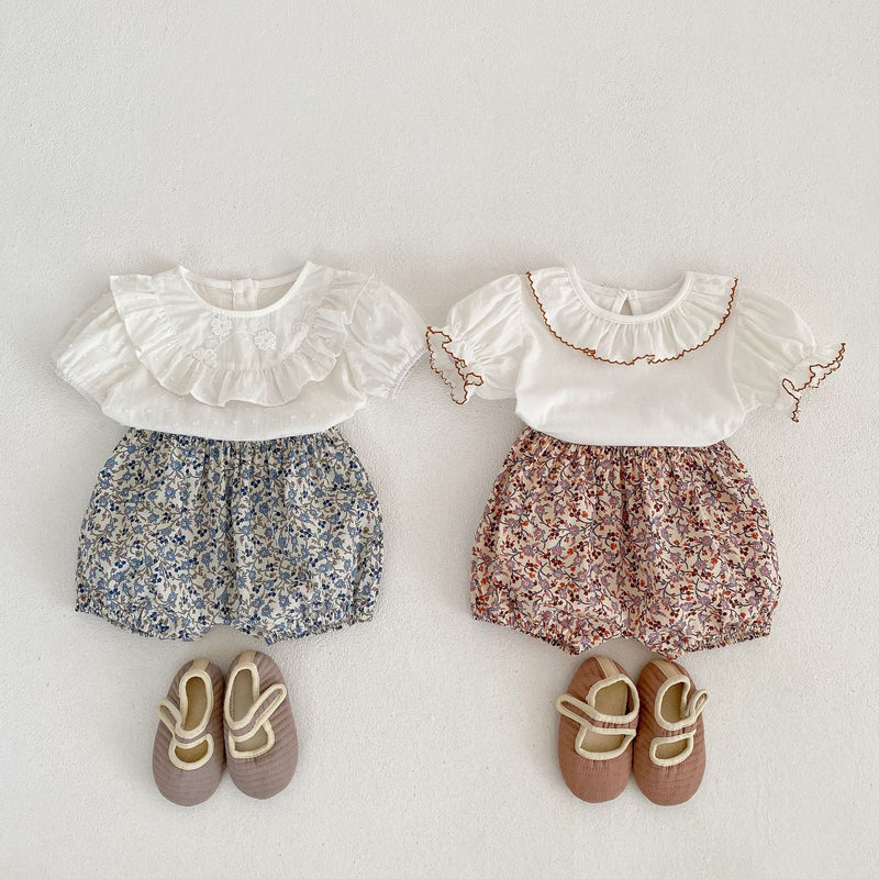 Baby Solid Color Puff Sleeve Blouses Combo Shorts Sets