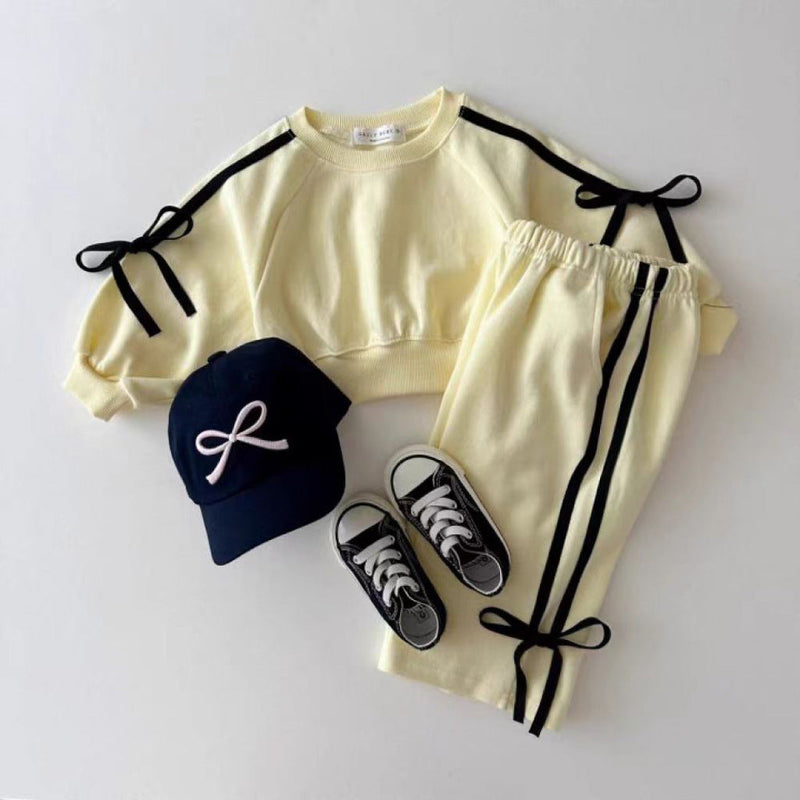 Autumn Baby Kids Girls Casual Bows Tied Pullover And Pants Clothing Set