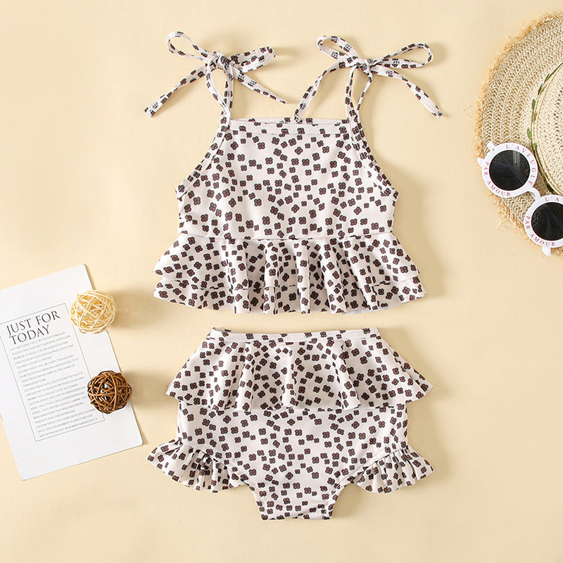 Baby Girl Floral Print Pattern Belt Design Sling Tops Combo Shorts Swimsuit Sets In Summer