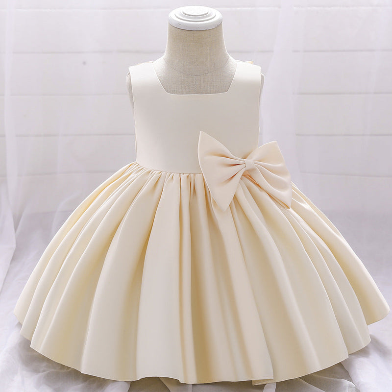 Baby Girl Solid Color Bow Patched Design Sleeveless Western Style Satin Dress