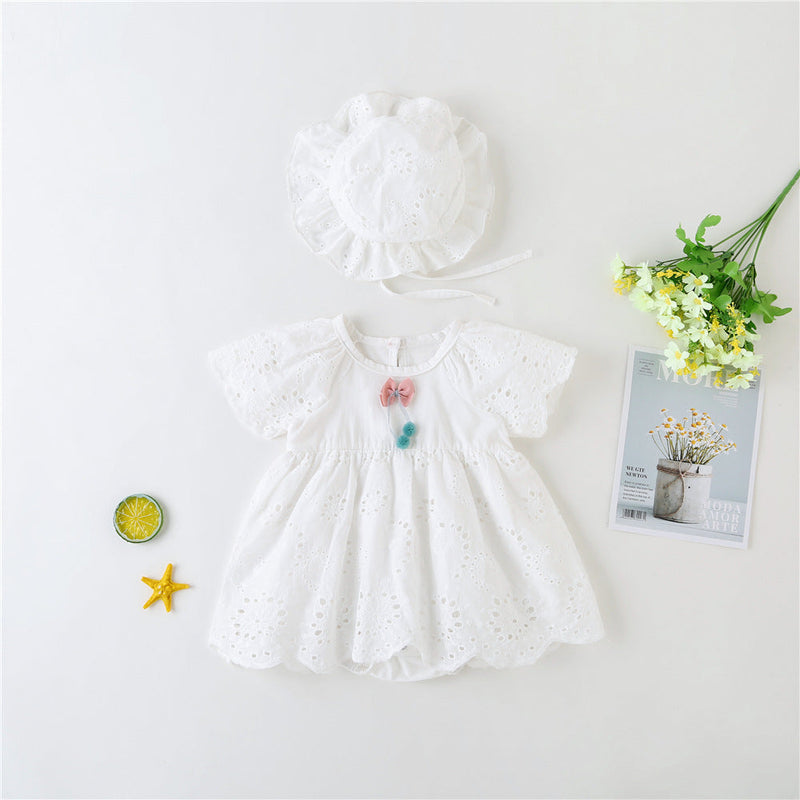 Baby Girl 1pcs Solid Color Hollow Carved Design Bow Onesies Dress