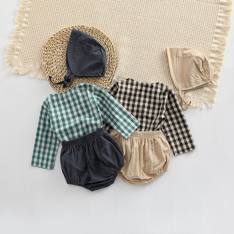 Baby Plaid Graphic Tops And Solid Shorts With Hat 1Pieces Sets