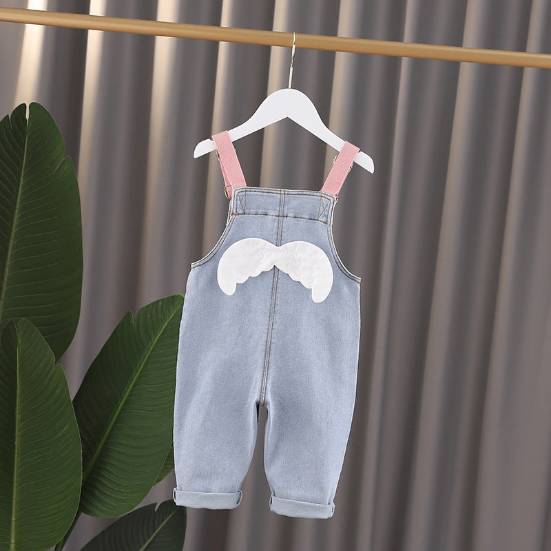 Baby Girl 3D Wing Patches Design Casual Denim Long Style Overall