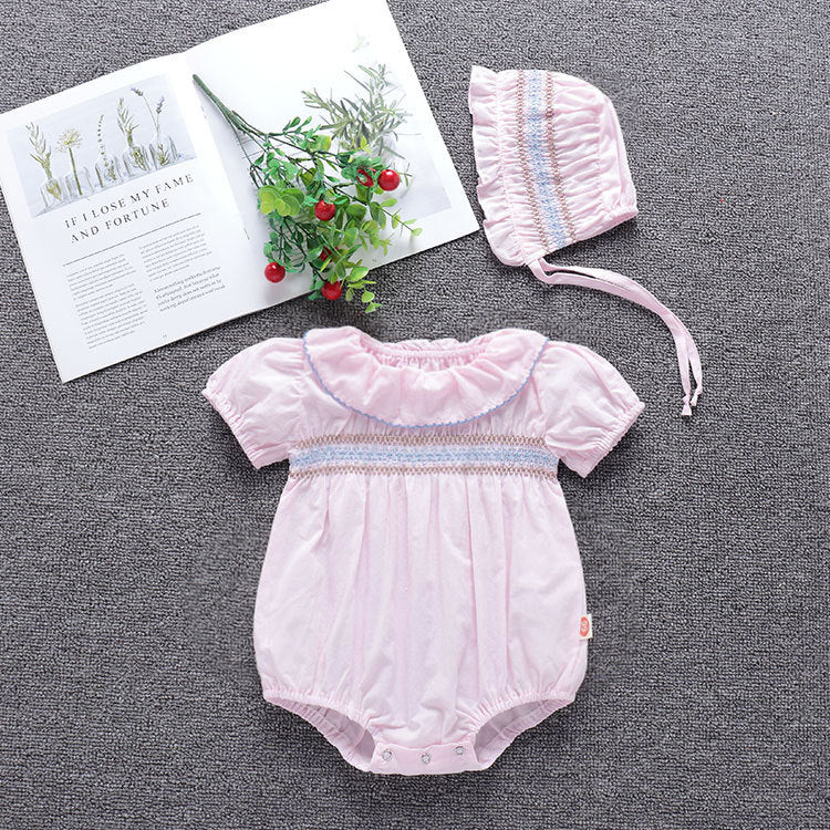 Baby Girl Embroidery Pattern Ruffle Collar Design Bubble Short-Sleeved Onesies With Hat