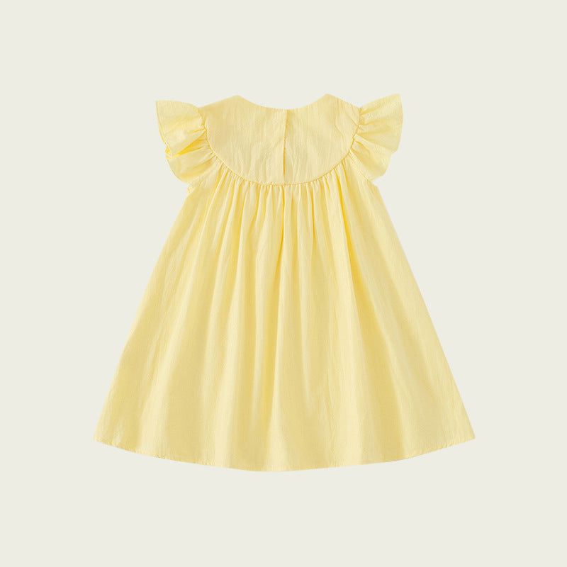 Summer Baby Kids Girls Sleeveless Birds Embroidery Yellow Dress