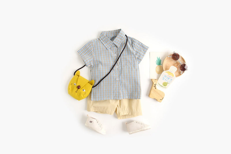 Baby Boy Plaid Pattern Single Breasted Design Polo-Neck Shirt Combo Shorts