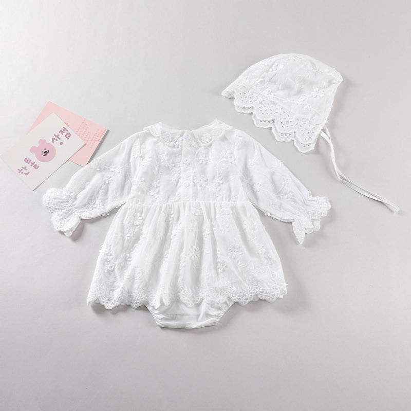 Baby Girl Solid Color Flower Embroidered Design Doll Neck Long Sleeves Onesie Dress