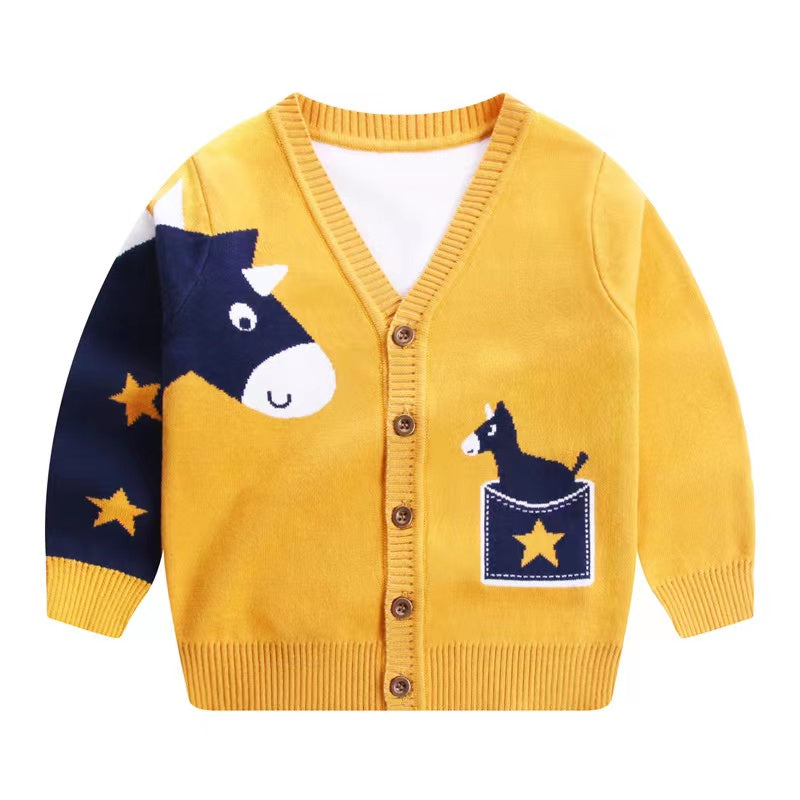 Baby Boy Cartoon Animal Embroidered Pattern Button Front V-Neck Cardigan