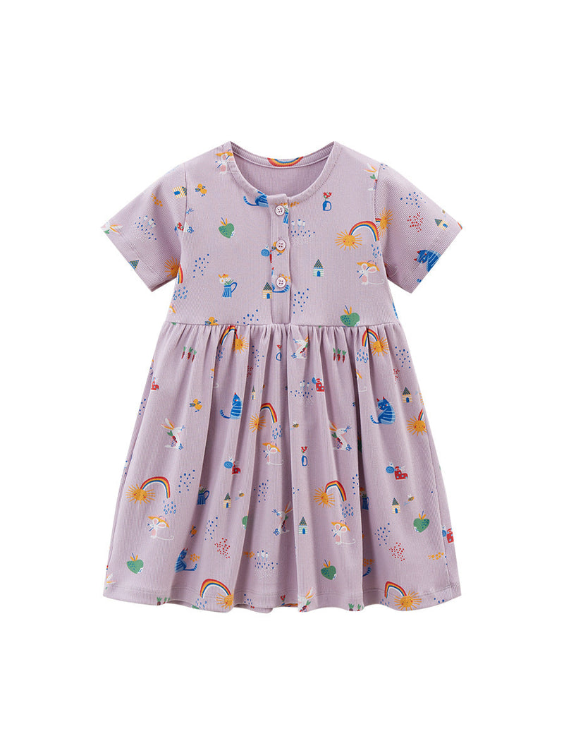 Spring And Summer Baby Girls Short Sleeves Rainbow Animals Floral Cartoon Print Dress