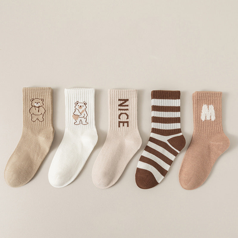 Kids Unisex Breathable Comfy Brown Bear Series Cartoon Pattern Socks Set