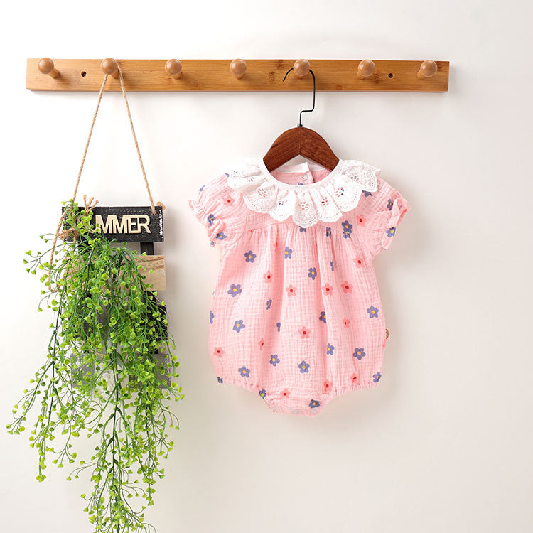 Baby Girl Floral Print Ruffles Collar Short-Sleeved Onesies