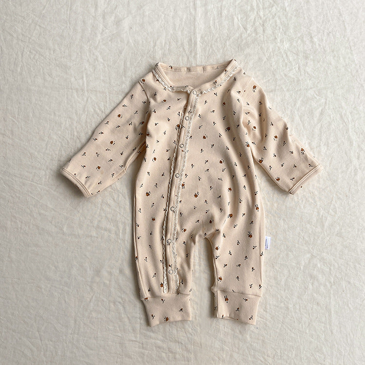 Baby Flower Pattern & Solid Color Lace Design Button Front Jumpsuit