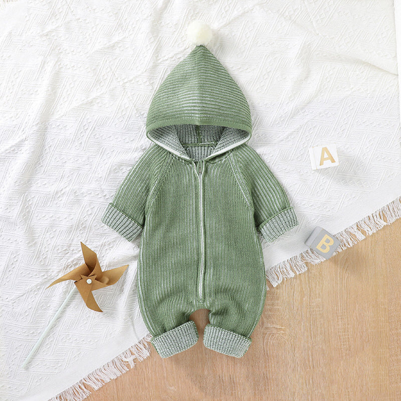 Baby Solid Color Zipper Front Design Hooded Knitted Romper