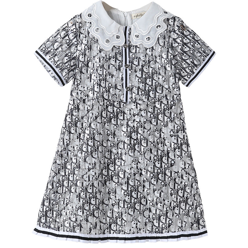 New Design Summer Kids Girls Abstract Letters Print Fashion Short Sleeves Hollow Out Collar Dress