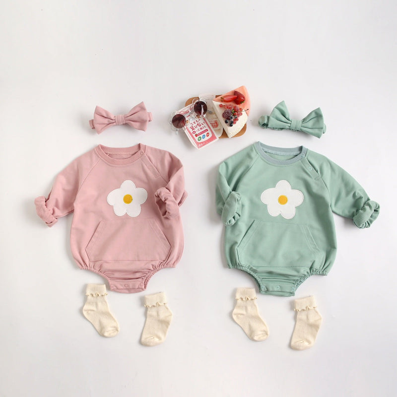 Baby Girl Solid Color Floral Embroidered Design Onesies With Pocket