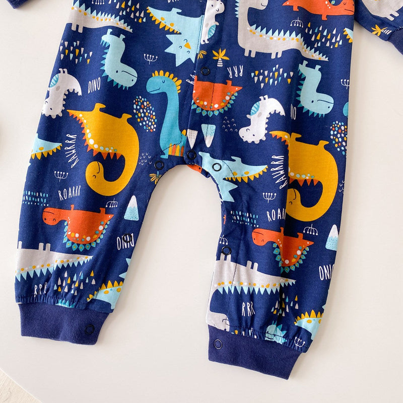 Baby Boy Cartoon Animals Graphic Snap Button Front Design Long Sleeved Romper Jumpsuit