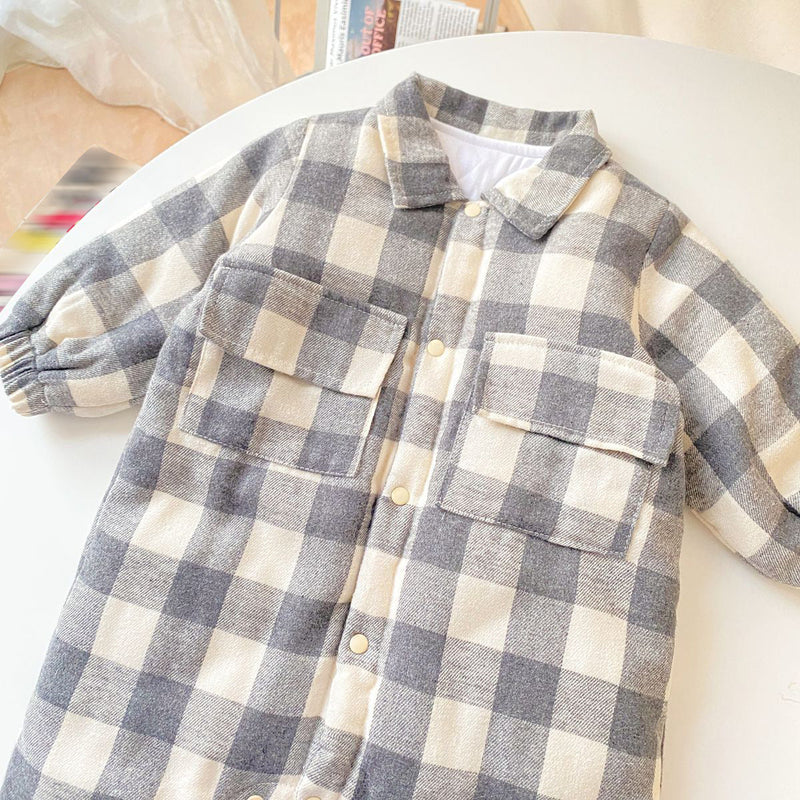 Baby Boy Plaid Pattern Snap Button Front Long-sleeved Thick Rompers