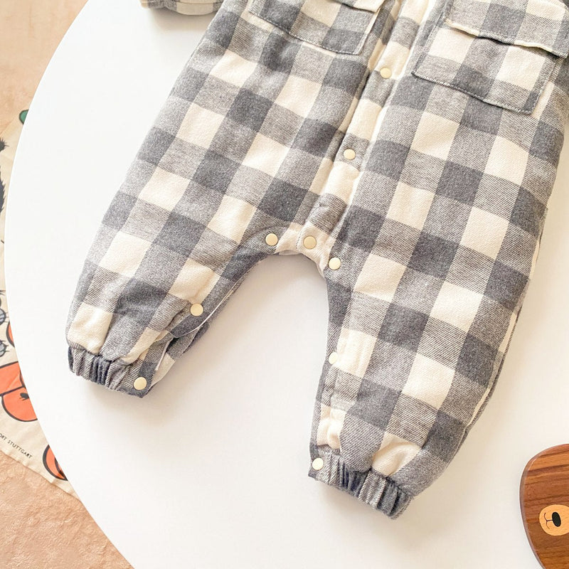 Baby Boy Plaid Pattern Snap Button Front Long-sleeved Thick Rompers