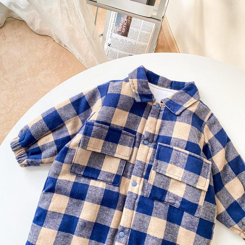 Baby Boy Plaid Pattern Snap Button Front Long-sleeved Thick Rompers