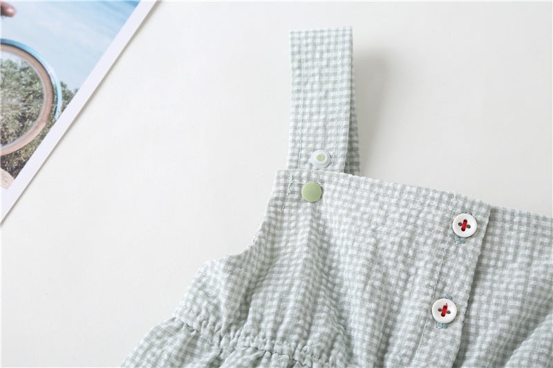 Baby Girl 1pcs Plaid Graphic Strawberries Embroidery Snap Button Jumpsuit & Solid Tee Sets