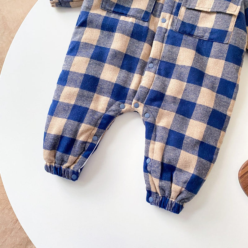 Baby Boy Plaid Pattern Snap Button Front Long-sleeved Thick Rompers