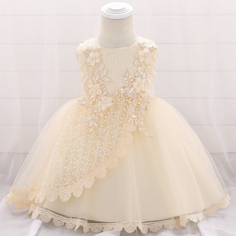 Baby Girl Floral Embroidered Pattern Full Moon Christening Sequins Tutu Dress