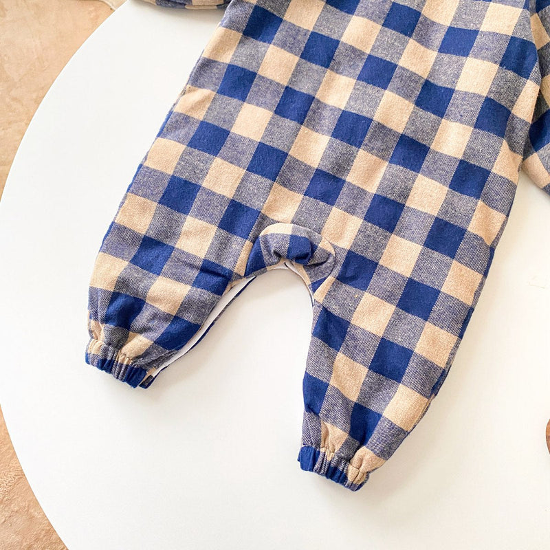 Baby Boy Plaid Pattern Snap Button Front Long-sleeved Thick Rompers