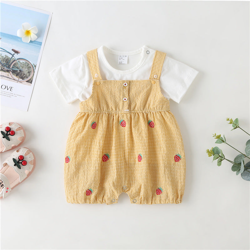 Baby Girl 1pcs Plaid Graphic Strawberries Embroidery Snap Button Jumpsuit & Solid Tee Sets