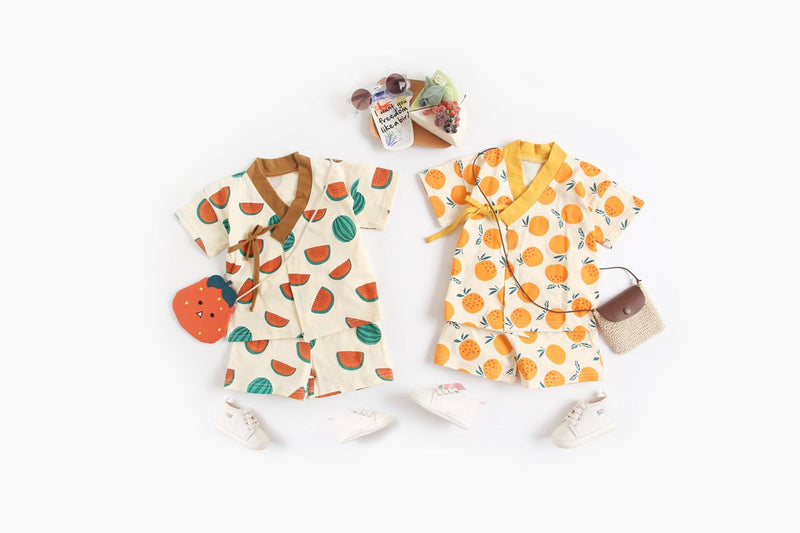 Baby Fruit Print Belt Design Short-Sleeved Top Combo Shorts Japan Style Sets Pajamas