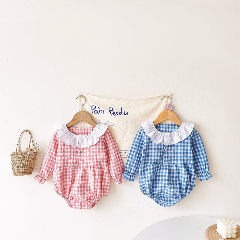 Baby Girl Plaid Pattern Ruffle Neck Design Triangle Sweet Onesies