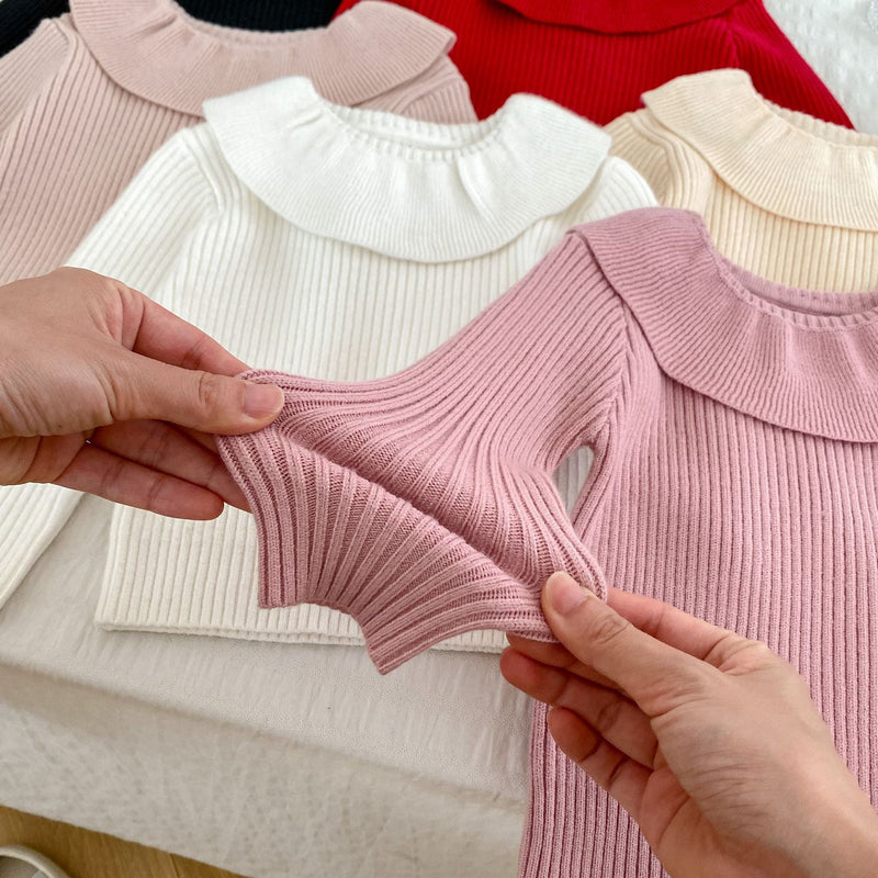 Autumn New Arrival Baby Kids Girls Comfortable Simple Solid Color Knitted Long Sleeves Top with Collar