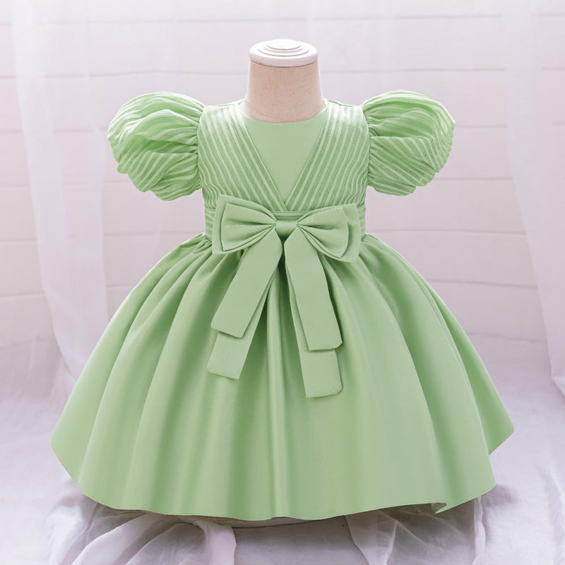 New Design Summer Baby Kids Girls Short Sleeves Striped Pattern Bow Tied Dress