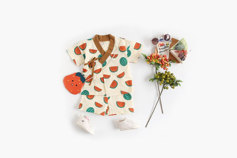 Baby Fruit Print Belt Design Short-Sleeved Top Combo Shorts Japan Style Sets Pajamas