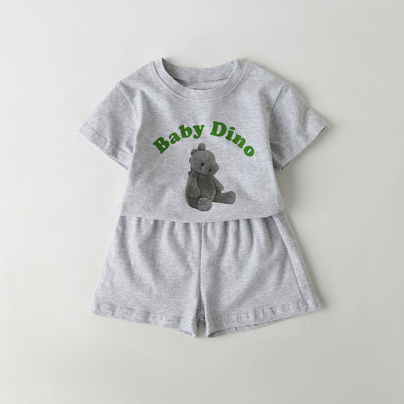 Baby Cartoon Animal & Slogan Pattern Short Sleeved Tee Combo Solid Shorts Sets