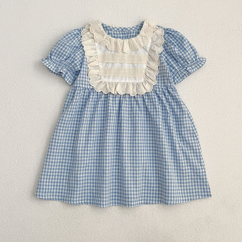 New Arrival Summer Girls Blue Plaid Noble Crew Neck Short Sleeves Onesies And Dress – Princess Sister Matching Set