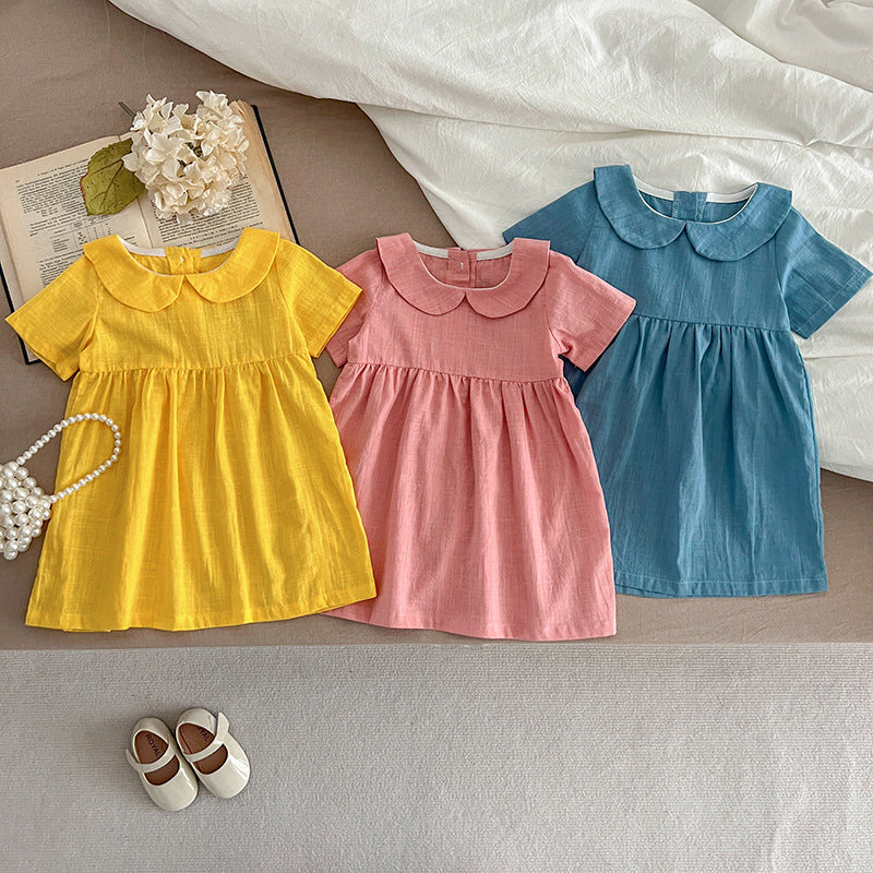 Summer Hot Selling Girls’ Solid Color Short Sleeves Peter Pan Collar Cotton Comfy Dress