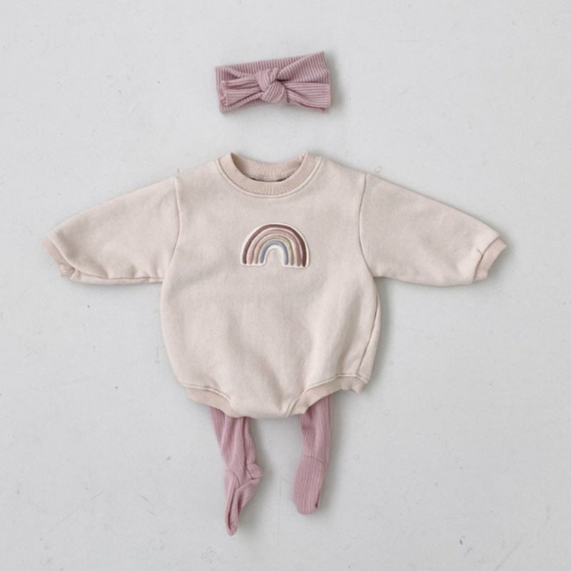 Baby 1pcs Rainbow Embroidery Pattern Solid Color Long Sleeves Soft Bodysuit