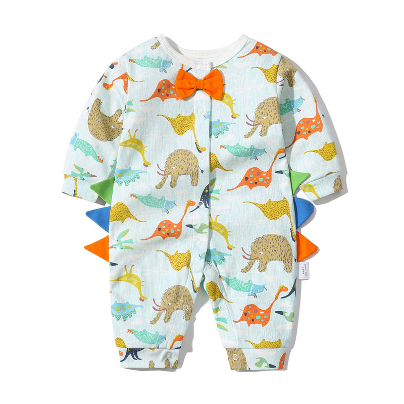 Baby Boy Dinosaur Pattern Bow Tie Patched Design Snap Button Romper Jumpsuit