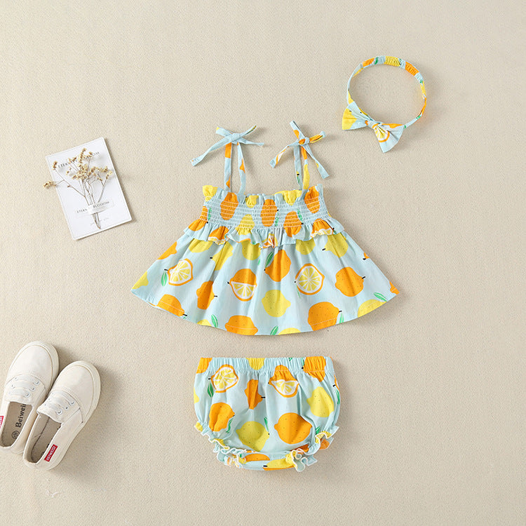 Baby Girl Lemon Fruit Print Sleeveless Dress Combo Short Pants In Sets