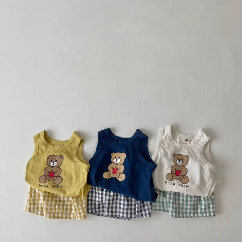 Baby Bear Print Pattern Tops With Plaid Shorts Sets