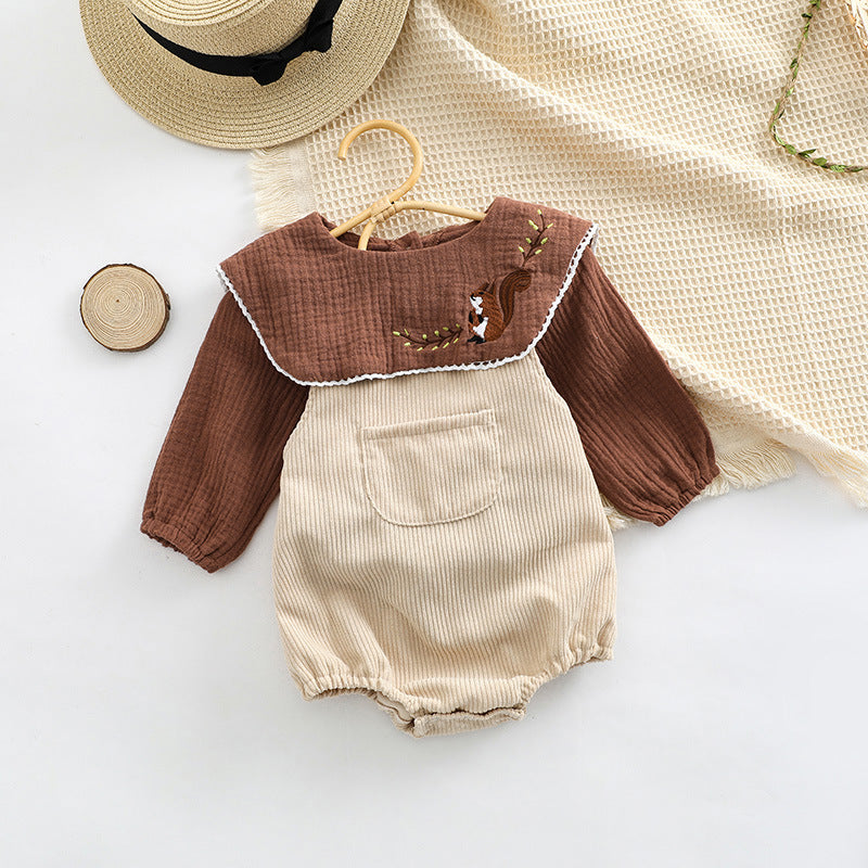 Baby Embroidered Pattern Lapel Cotton Shirt Combo Corduroy Strap Onesies Sets