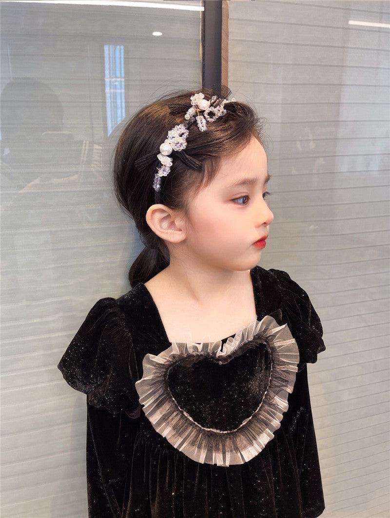 Baby Girls Heart Shape Ruffle Square Neck Long Sleeved Black Princess Dress