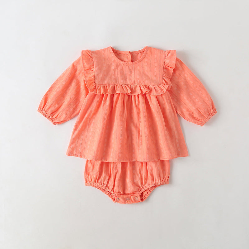 Baby Girl Solid Color Frill Trim Design Long-Sleeve Tops Combo Triangle Shorts Sets