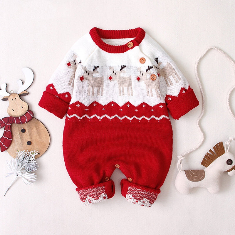 Baby Christmas Giraffe Pattern Shoulder Button Design Sweater Rompers