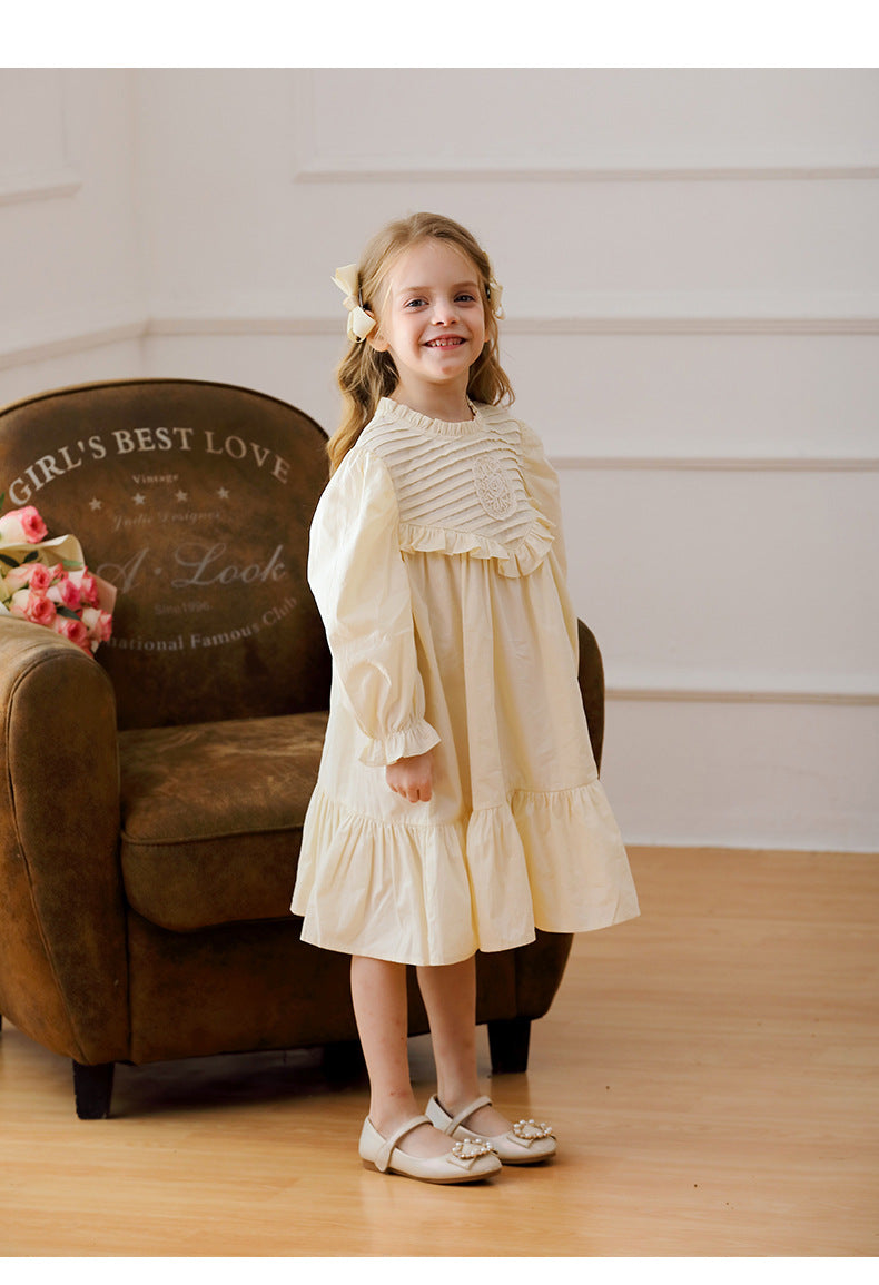 Hot Selling French Style Autumn Girls Flowers Embroidery Pattern Long Sleeves Pleated Dress