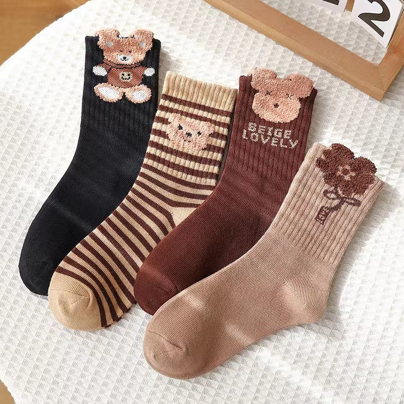 Baby Cartoon Pattern Mid-Tube Soft Cotton Fashion Socks 1 Bag=4 Pairs