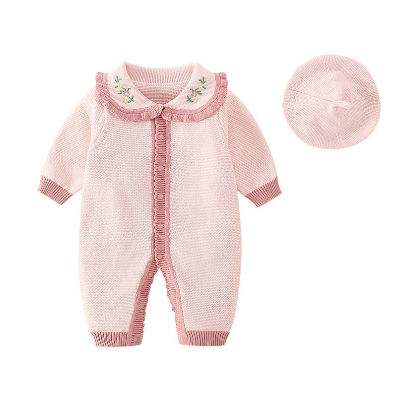 Baby Girl Floral Embroidered Pattern Knitted Romper With Hat