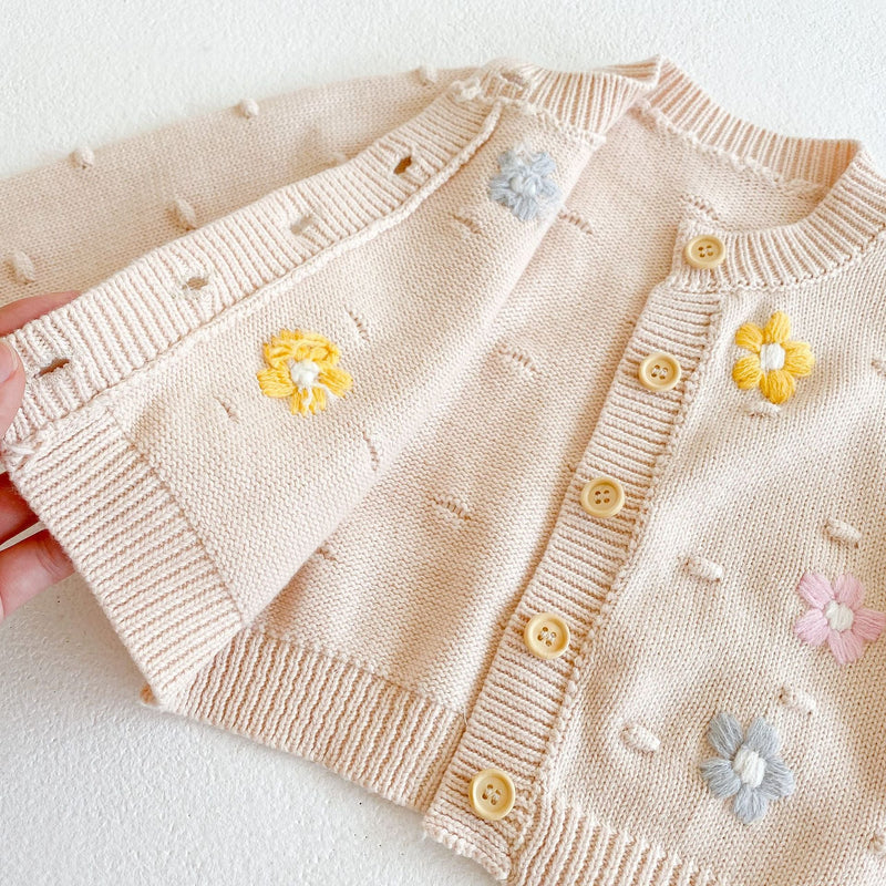 Baby Girl Floral Embroidered Graphic Button Front Design Knitted Cardigan