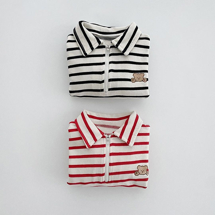 Baby Striped & Cartoon Patched Graphic Polo Neck Long Sleeves Bodysuit Onesies