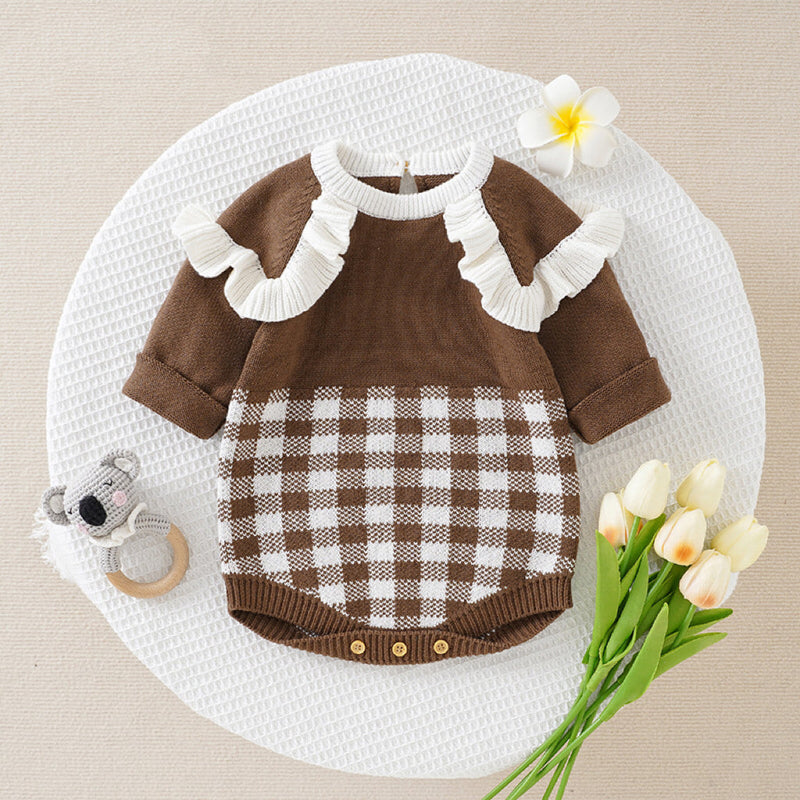 Baby Girl Checkerboard Pattern Lace Design Onesies In Autumn